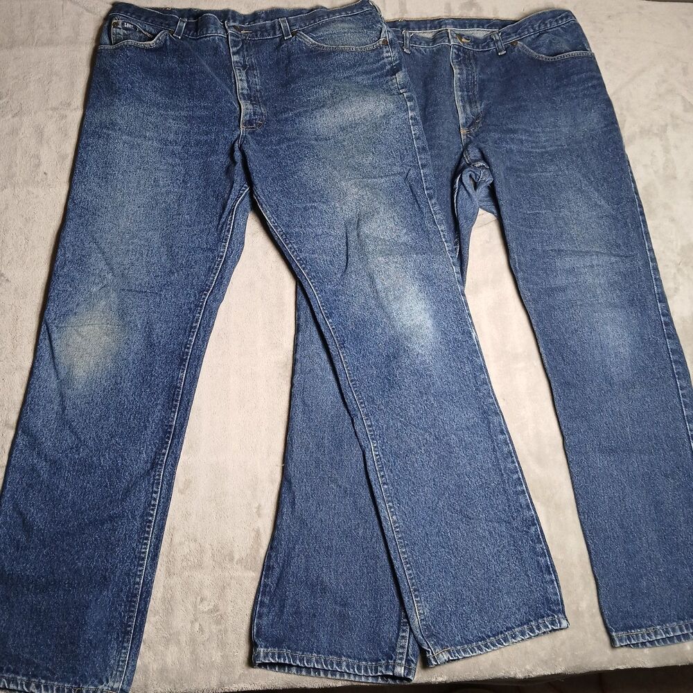 Lot 2 Vtg Lee Jeans 42x34 Made in USA 80s Denim Distressed Blue Rugged Utility